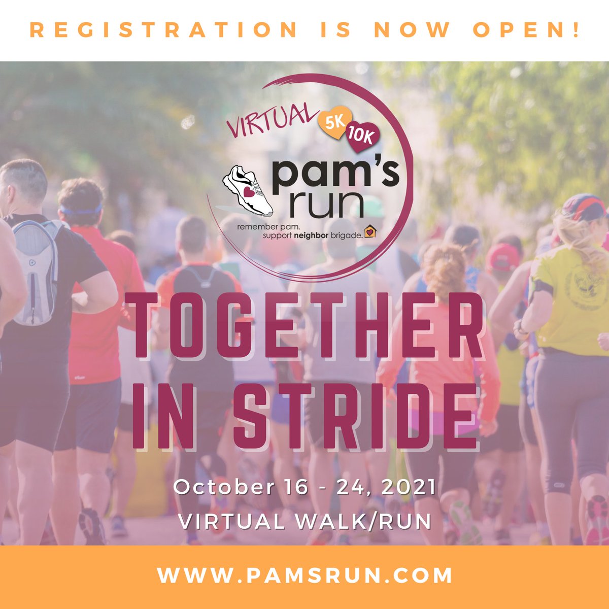 Registration is now open for our 9th annual Pam's Run!  Due to the pandemic and continued restrictions we'll be virtual again.  So lace up those shoes and head to your favorite track, trail or treadmill and let's do this Together in Stride! <a href="/pamsrunnb/">Pam's Run</a> #pamsrun