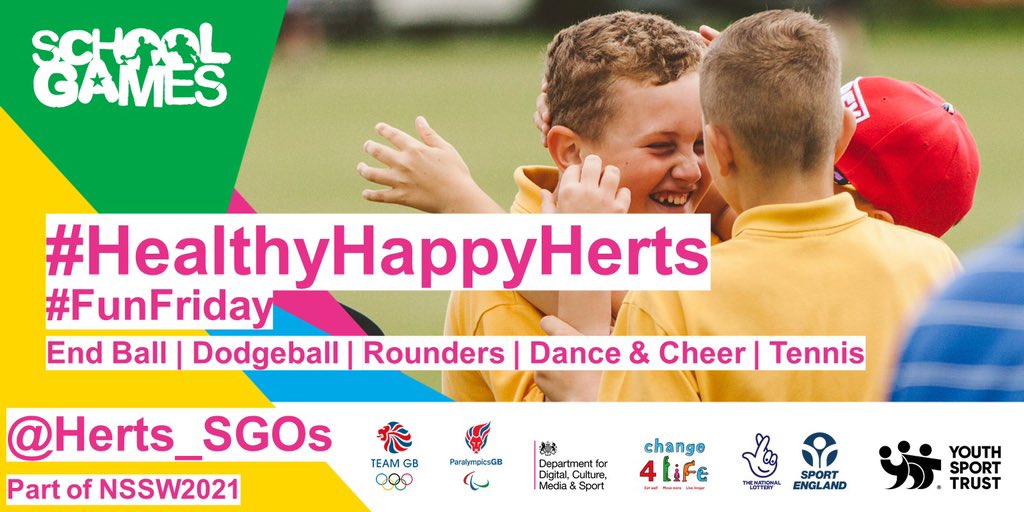 #HealthyHappyHerts
📆#funFRIDAY 
📹 youtu.be/yJEDTTk821U
🧩End ball, Dodgeball, Rounders, Dance&amp;Cheer and Tennis
🖥 sportinherts.org.uk/peschoolsport/…

Please tag us in your photos and update us via Twitter, using the hashtags💪.

#getinvolved <a href="/Herts_SGOs/">Herts School Games</a>