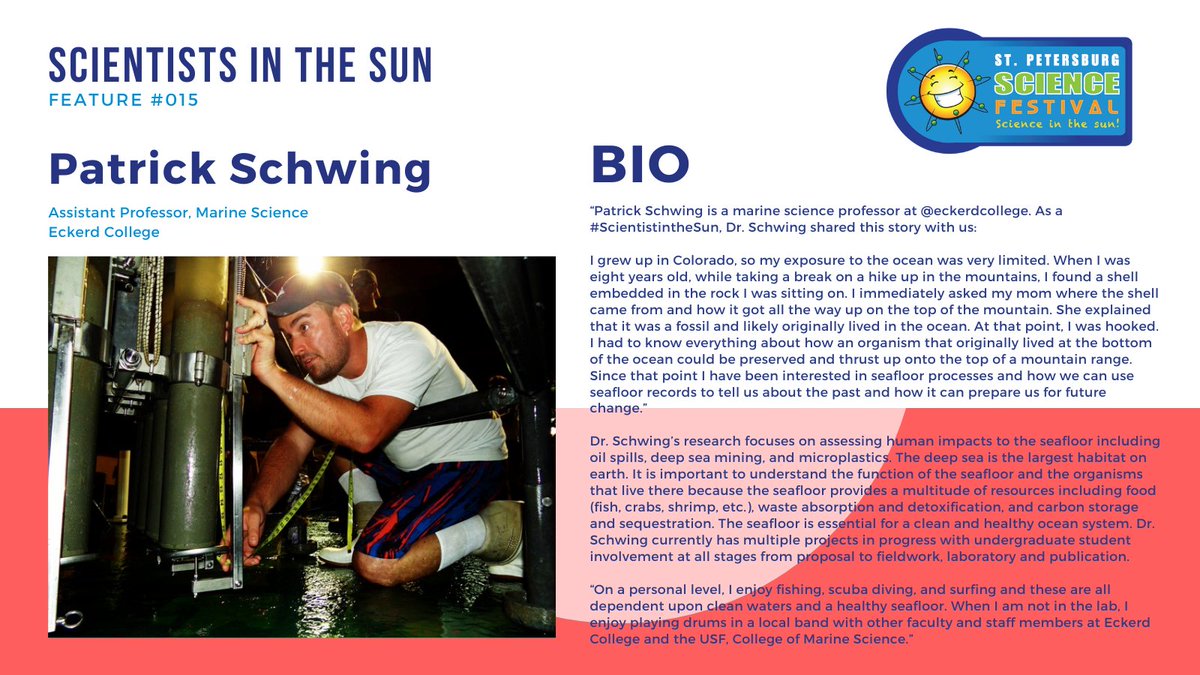 St Petersburg Science Festival (@stpetescifest) on Twitter photo Dr. Patrick Schwing is a marine science professor at <a href="/eckerd/">Eckerd College</a>, with a research focus on assessing human impacts to the #seafloor including #oilspills, #deepseamining, and #microplastics.
Learn more:
ow.ly/x6pB50Fiqrk
ow.ly/muqJ50FiqpL Dr. Patrick Schwing is a marine science professor at <a href="/eckerd/">Eckerd College</a>, with a research focus on assessing human impacts to the #seafloor including #oilspills, #deepseamining, and #microplastics.
Learn more:
ow.ly/x6pB50Fiqrk
ow.ly/muqJ50FiqpL