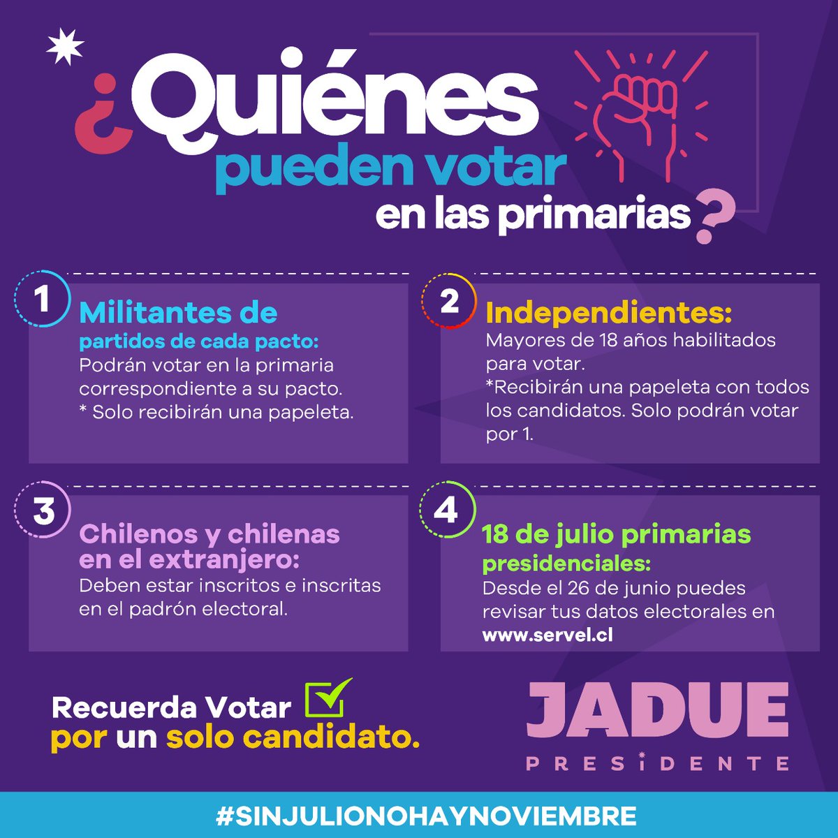 danieljadue's tweet photo. El 18 de julio todos y todas debemos participar en las Primarias.
Para llegar a noviembre debemos participar masivamente y comenzar este trayecto que proponemos hacia la transformación de Chile! #SinJulioNoHayNoviembre https://t.co/TUUyqQ4tyM