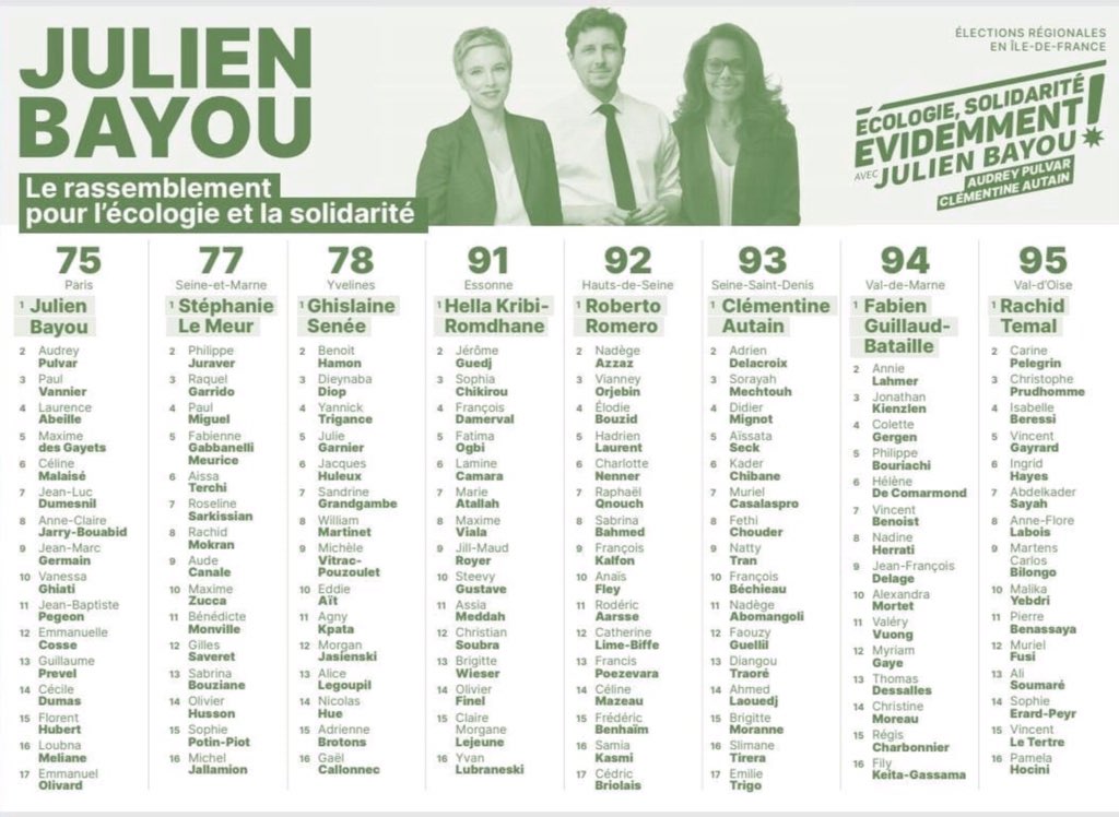 🗳 Ce dimanche à #Pantin et au #Pré on vote pour la gauche rassemblée, solidaire et écologiste !
👉 La liste menée par <a href="/mat_monot/">Mathieu Monot</a> &amp; @NadiaAzoug pour les #départementales2021 !
👉 La liste menée par <a href="/julienbayou/">Julien Bayou</a> avec <a href="/AudreyPulvar/">Audrey PULVAR</a> &amp; <a href="/Clem_Autain/">Clémentine Autain</a> pour les #regionalesIDF ! 
✊🌻🌹