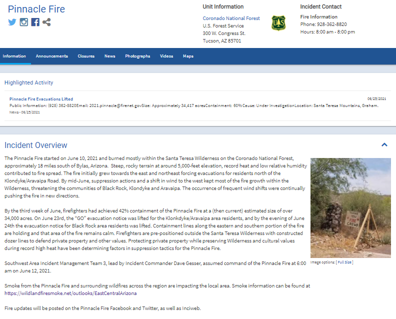 CCFirenIncident's tweet image. 0829 06252021: #AzFire #PinnacleFire #Update 34,417Acres 60%Containment inciweb.nwcg.gov/incident/7523/
