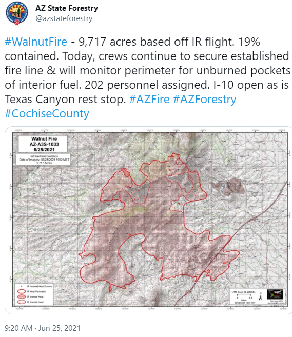 CCFirenIncident's tweet image. 0920: Per #DFFM- #WalnutFire - 9,717 acres based off IR flight. 19% contained. Today, crews continue to secure established fire line &amp;amp; will monitor perimeter for unburned pockets of interior fuel. 202 personnel assigned. I-10 open as is Texas Canyon rest stop. #FireMap #AzFire