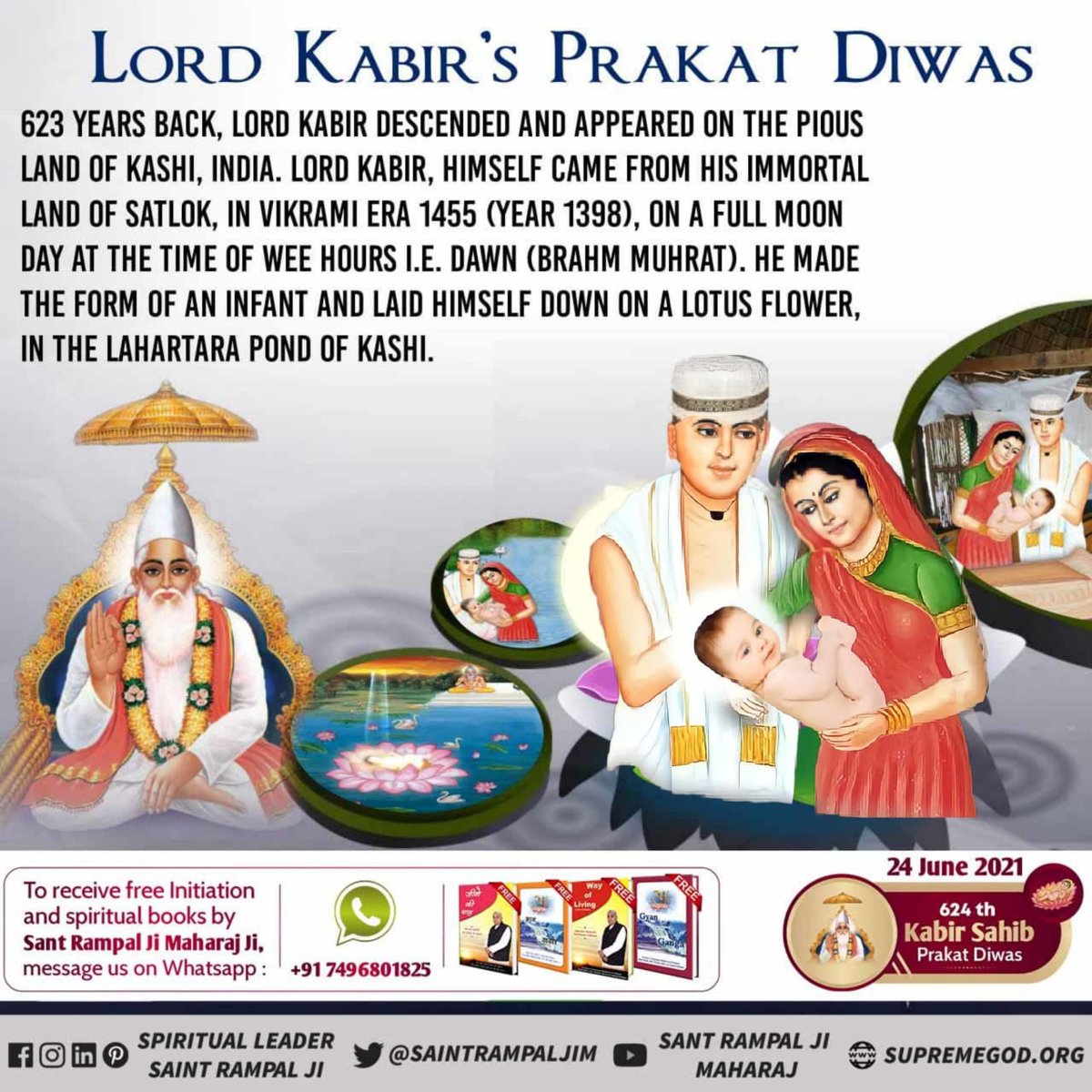 #624वां_कबीरसाहेब_प्रकट दिवस #संतरामपालजीमहाराज God Kabir appeared 600 years ago in Kaashi Varanasi on a Lotus flower from where Neeru-Neema named couple took Him. Do watch Ishwar TV to know more @8:30 PM daily. Sat saheb🙏🙏🙏