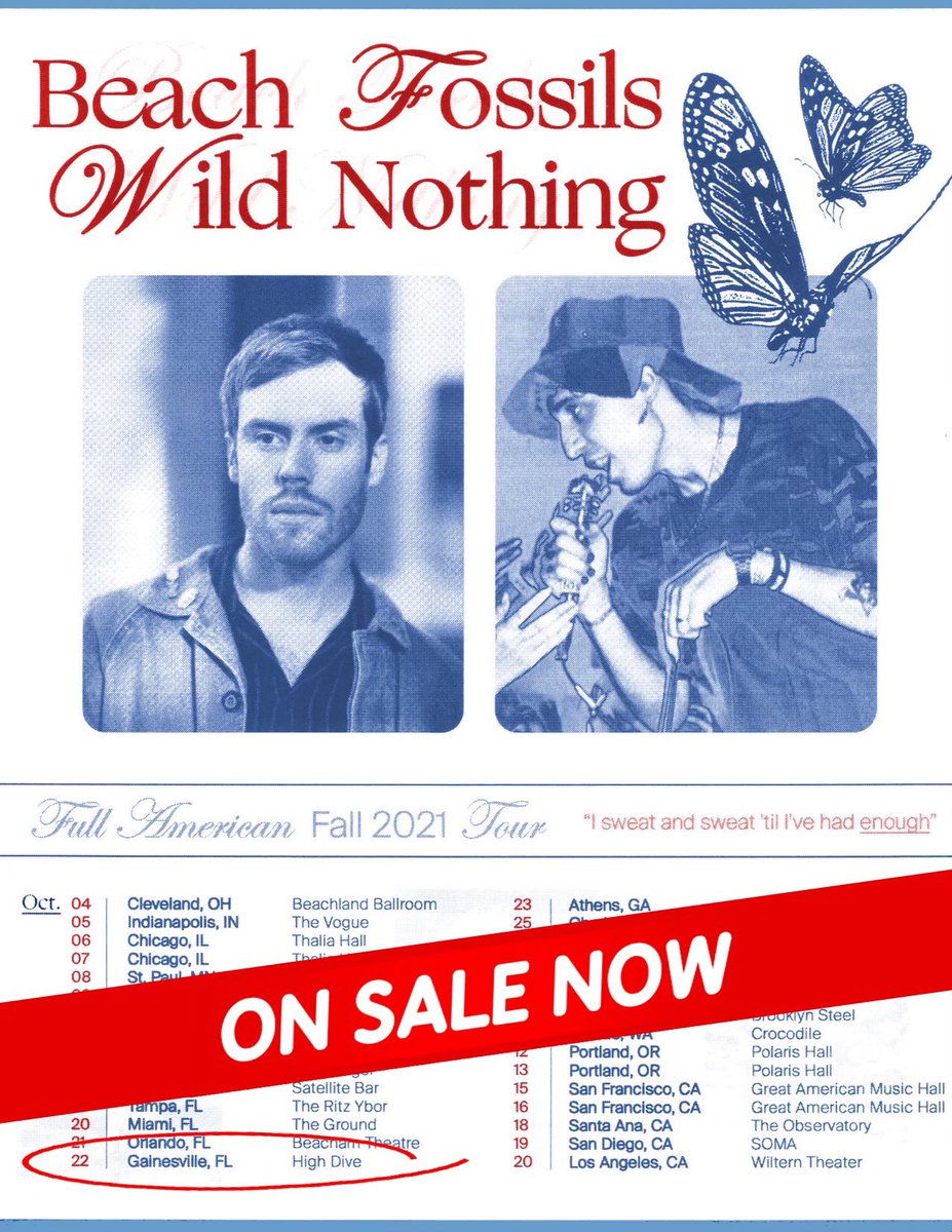 Glory Days Presents - Gainesville (@highdivegville) on Twitter photo ON SALE NOW! Glory Days Presents! BEACH FOSSILS and WILD NOTHING are coming to High Dive FRIDAY, October 22nd on their co-headlining Full American Fall 2021 Tour! With special guest Hannah Jadagu!
Tickets are NOW ON SALE at HighDiveGainesville.com
<a href="/WildNothing/">Wild Nothing</a> <a href="/beachfossils/">Beach Fossils</a> ON SALE NOW! Glory Days Presents! BEACH FOSSILS and WILD NOTHING are coming to High Dive FRIDAY, October 22nd on their co-headlining Full American Fall 2021 Tour! With special guest Hannah Jadagu!
Tickets are NOW ON SALE at HighDiveGainesville.com
<a href="/WildNothing/">Wild Nothing</a> <a href="/beachfossils/">Beach Fossils</a>