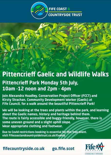 Join <a href="/StrachanKm/">kirsty strachan</a> and I for a guided walk around the beautiful #PittencrieffPark in Dunfermline!

We will be looking at the trees and plants, and learning about the Gaelic names and heritage behind them 🌳@FCCTrust <a href="/GoDunfermline/">GoDunfermline</a> <a href="/FifeCouncil/">Fife Council</a> 

Book here - bit.ly/3zXBK7Y