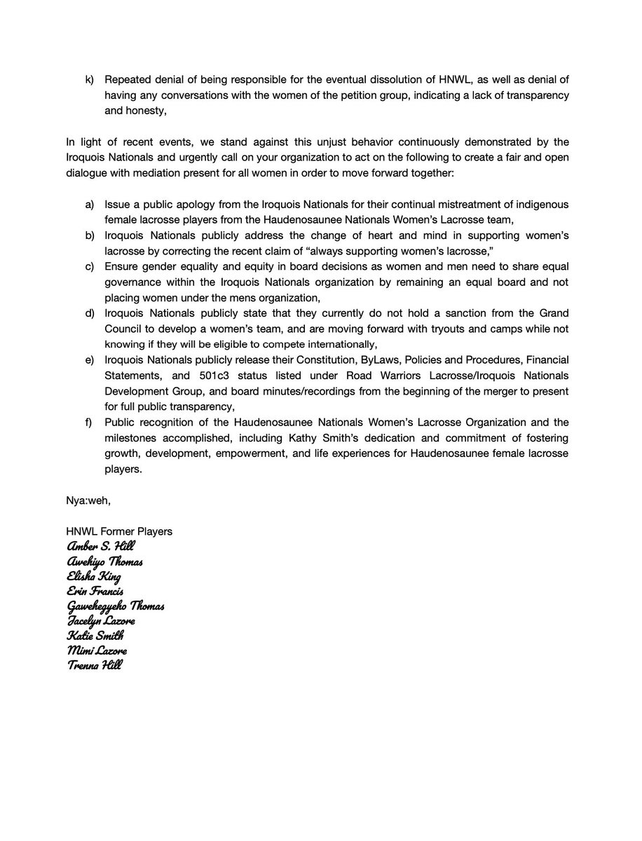 HaudenosauneeLx's tweet image. (1/2) Haudenosaunee Nationals Women’s Lacrosse publicly acknowledges the wrongful dissolution of the Board of Directors and the Women’s Program that has been orchestrated by the Iroquois Nationals organization. Former players who are aware of the situation have asked that their