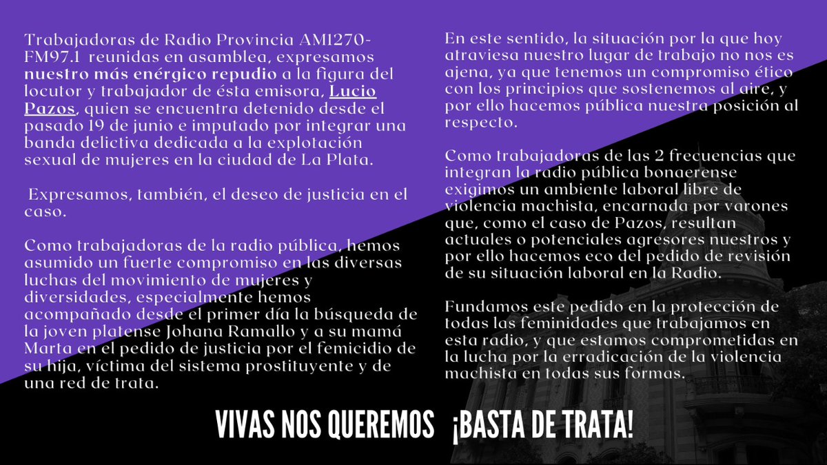 #VivasNosQueremos #BastaDeTrata #TrabajadorasDeRadioProvincia #Proxeneta #ExplotacionDeMujeres #LaPlata @Provincia97Une <a href="/provincia1270/">Radio Provincia AM 1270</a>