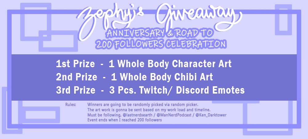 🐰💜 Zephy's Giveaway💜🐰
Oh my! Can you believe it? I've been here doing arts and random thingies for almost a year now😍So here's something to celebrate.
Rules:
1. Like &amp; retweet.
2. Must be following me (<a href="/zephynyx/">✨Zephirah's Mystical Ink✨</a>)
<a href="/LastNerdsEarth/">Last Nerds On Earth</a>  
<a href="/ManNerdPodcast/">The Man Nerd</a> 
<a href="/Ken_Darktower/">⚜️Ken Darktower⚜️ (HAITUS)</a>.