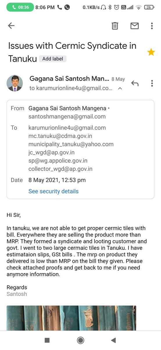 santoshmangena's tweet photo. I reported the issue of Ceramic syndicate in irregular billing in west Godavari district to the respective MLA, municipality and district collector office emails along with  proofs on 08May2021. Till now no one responded over the issue. How can I proceed further?

From
Tax payer https://t.co/sFxVm2Bcos