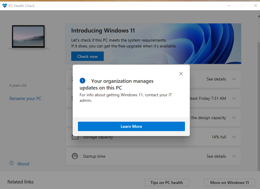 vinoth3112007's tweet photo. When I checked for #windows11update, The Pc health check shows like this, Even though it's a personal notebook, I don't know who manages my pc, Whether I am able to get the #Windows11 update. Help me to solve this. #Windows11
@satyanadella 
@Windows 
@Microsoft 
@windowscentral https://t.co/HB0bFBBGfo