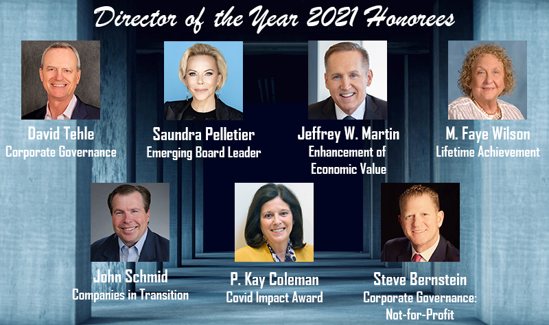 Announcing this year's Director of the Year Honorees!

David Tehle, Saundra Pelletier, Jeffrey W. Martin, M. Faye Wilson, John Schmid, @pkaycoleman, and Steve Bernstein!

#corpgov #directoroftheyear #doy #boardrooms #boardofdirectors #boardgovernance #governance #business