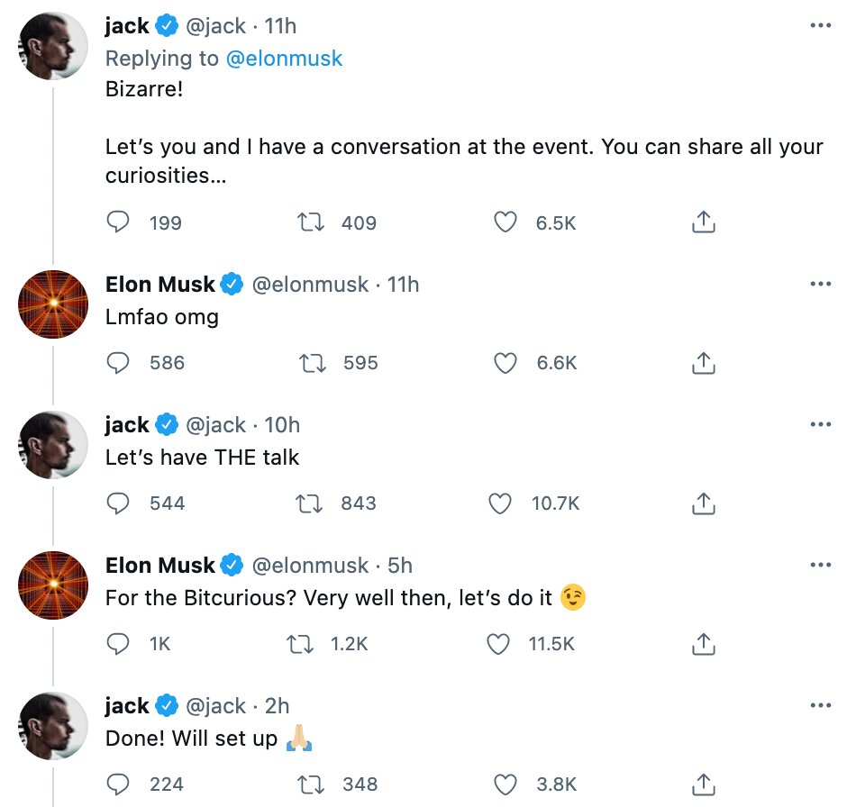 BRDHQ's tweet photo. Well this should be interesting. @elonmusk has accepted @jack's invite to speak at a virtual #Bitcoin event in July. https://t.co/lSyL2nzh00