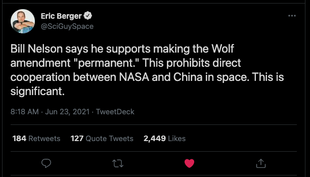 zebulgar's tweet photo. Do most people realize that the space race between USA v China has started???

This past week:

- China setup their own independent space station &amp; did a video call with Xi XinPing
- China announced their Mars base plans
- USA permanently prohibiting cooperation w/ China in space https://t.co/j30mPs5DKq