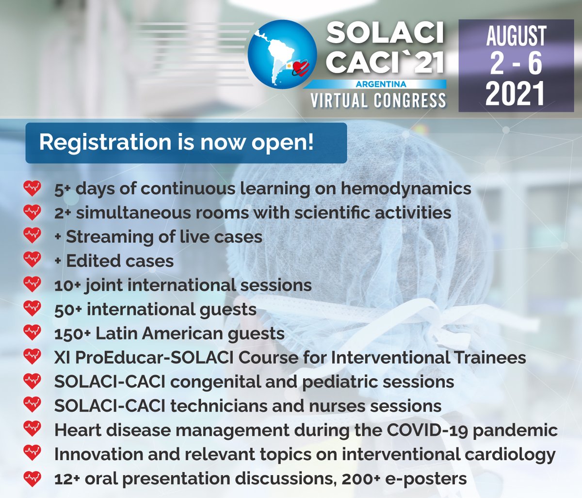 💥 Registration for the SOLACI-CACI 2021 Virtual Congress is now open!

✅ Register: solacicaci21.org
✅ Open event with prior-registration
🗓 From August 2 to 6, 2021

🚀Be part of the largest meeting of interventional cardiologists in Latin America