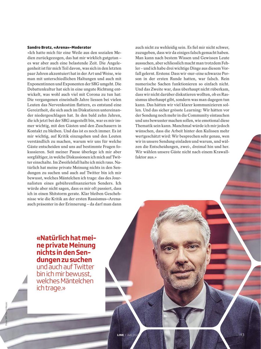 SandroBrotz's tweet photo. Die Debattenkultur hat sich in eine ungute Richtung entwickelt. Meine Gedanken dazu, zur #srfarena und zu Shitstorms gibt’s im Magazin LINK der @srg_d 👇🏻 https://t.co/WHfmGSjrs4