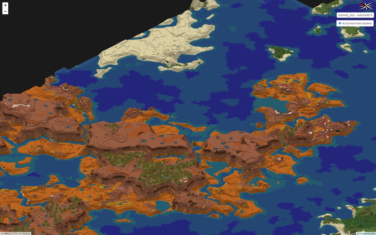 minecraftMiur's tweet photo. 初投稿です。1.17で新しくワールドを広げようと、開拓していないメサバイオームの北へ向かったらスゲー分かりやすいチャンクの境界が見つかった(笑)
#マインクラフトJE #マインクラフト #overviewer https://t.co/5rKzIJpniv