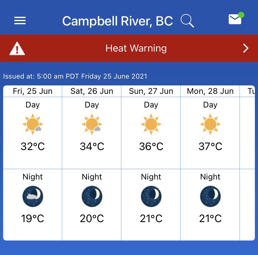 I’ve never seen a #VancouverIsland forecast like this! 🌡 Please make sure you and your pets have lots of shade and water. I’ll have the latest on the #heatwave on <a href="/CHEK_News/">CHEK News</a> at 5 &amp; 6. 😎👒⛱ #bcheat #Weather #BCstorm #yyj #ycd #BCwx <a href="/StacyRoss_chek/">Stacy Ross</a> #BC <a href="/JoePerkinsCHEK/">Joe Perkins</a>