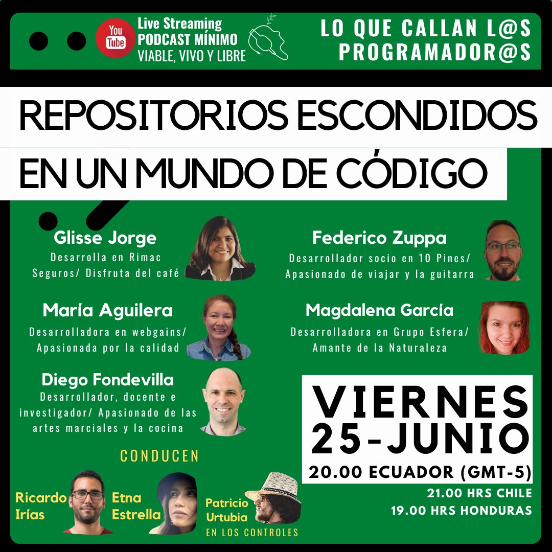 Invitados a #loquecallanlosprogramadores  #podcastMinimoViableVivoYLibre con 
<a href="/magdagc90/">Magda 💚🧡</a> informática, trabaja en sistemas hace diez años. Actualmente en <a href="/grupoesfera/">Grupo Esfera</a> es una extraordinaria #Developer le encanta la naturaleza, leer, escribir, y la fotografía buff.ly/3zXAS32