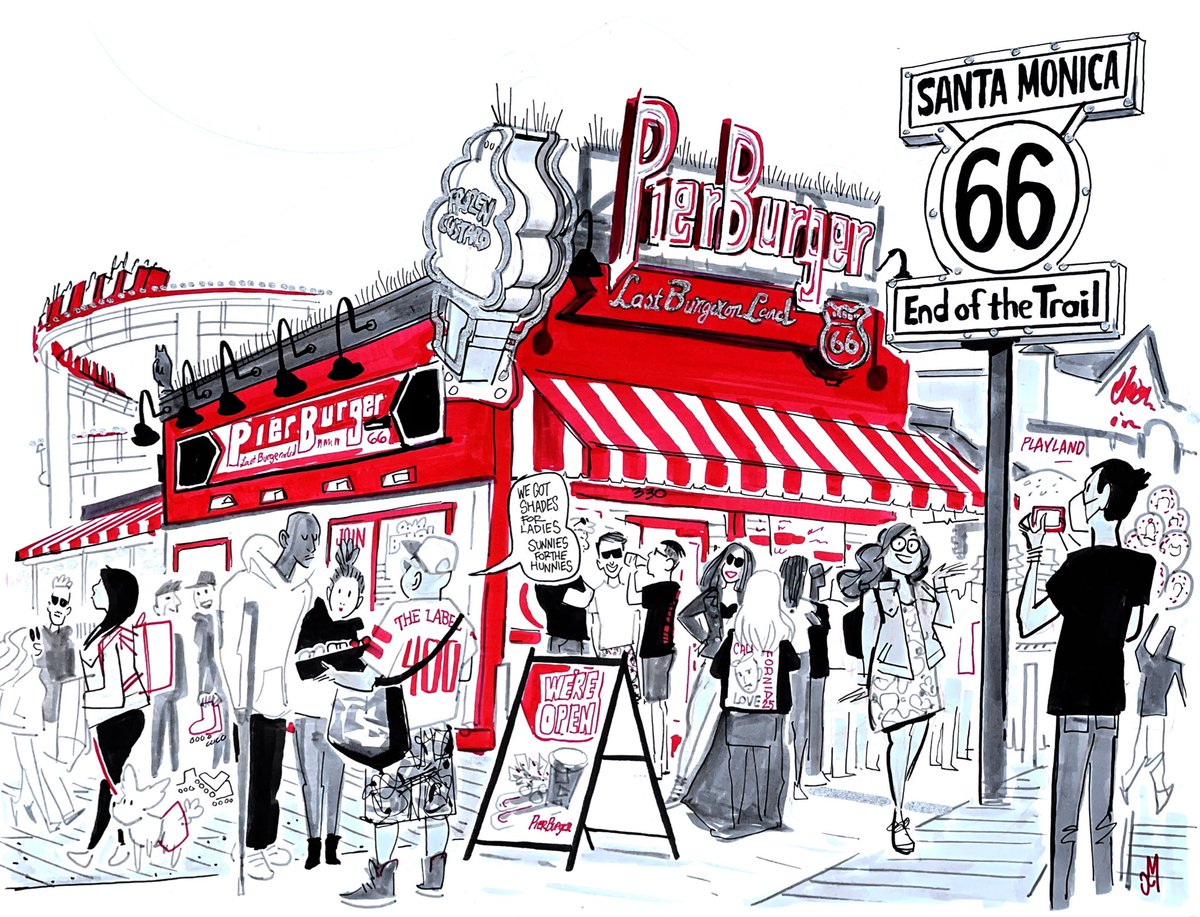 On Santa Monica Pier stands the marker for the end of Route 66 — this traditional End of the Trail was officially dedicated in 2009, 83rd anniversary of the historic highway.  Nearby you can grab a PierBurger, the “Last Burger on Land” #route66sketches

#santamonicapier #route66