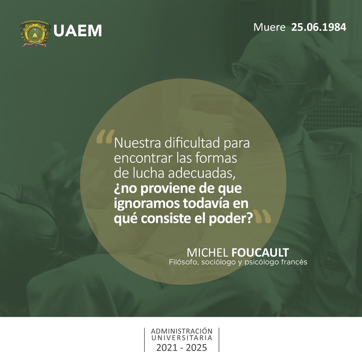 UAEM_MX's tweet photo. En 1984 murió Michel Foucault, filósofo, historiador y psicólogo, considerado como una de las figuras más destacadas del pensamiento del siglo XX.

#SomosUAEMéx 💚 💛 https://t.co/fY2vz9dFix