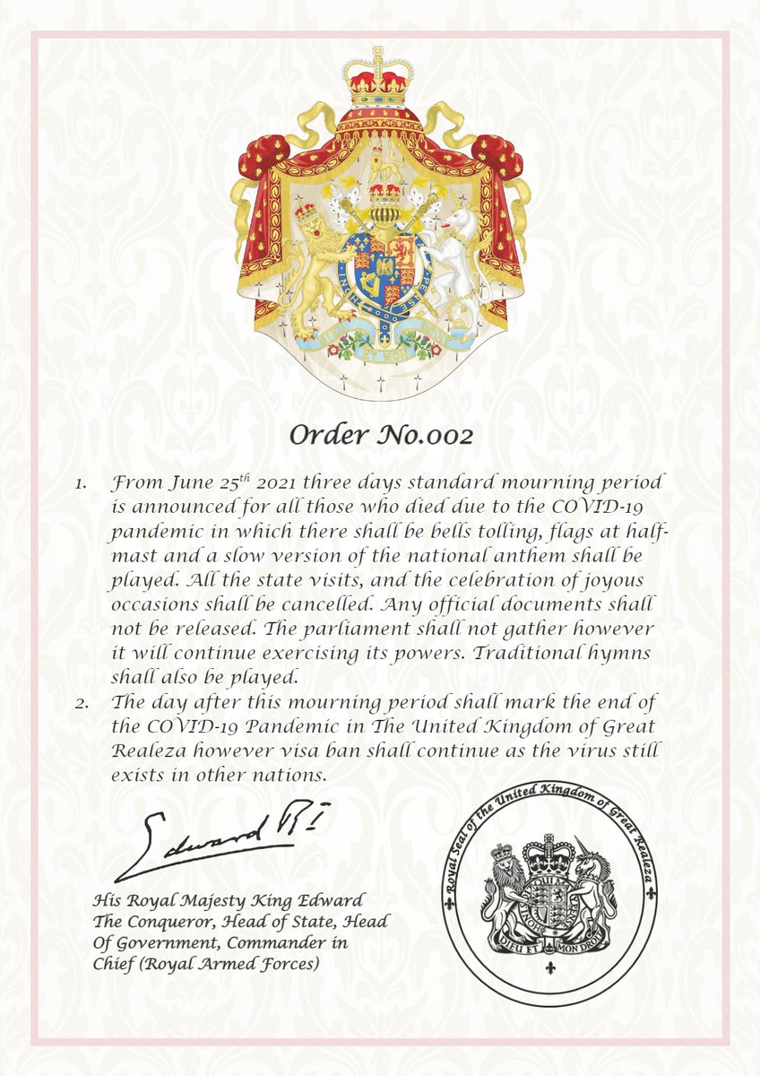 RealezaGov's tweet photo. A three days mourning period has been announced by HRM The King @kingoftheukr from June 25th 2021.
#micronations #UKR #the_realeza
#longmaytheyreign #mourning https://t.co/ydLaoWyYck