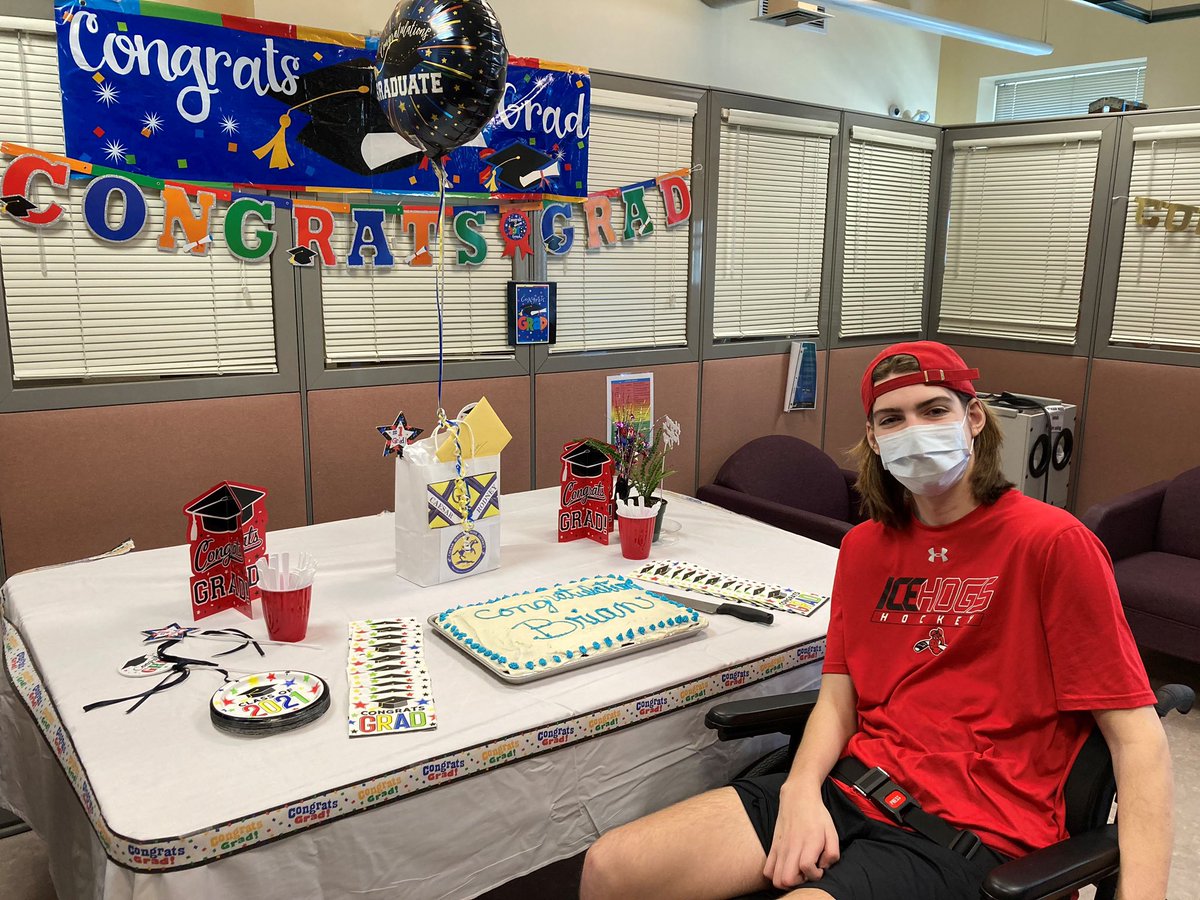 MossMageeRehab's tweet photo. Our Riverfront staff organized a HS graduation party one of our outpatients, Brian Page. Brian incurred a spinal cord injury in the fall when he was hit during an ice hockey game. He graduated HS in DE earlier this month.  Congrats, Brian! https://t.co/3PdGbeuKMU