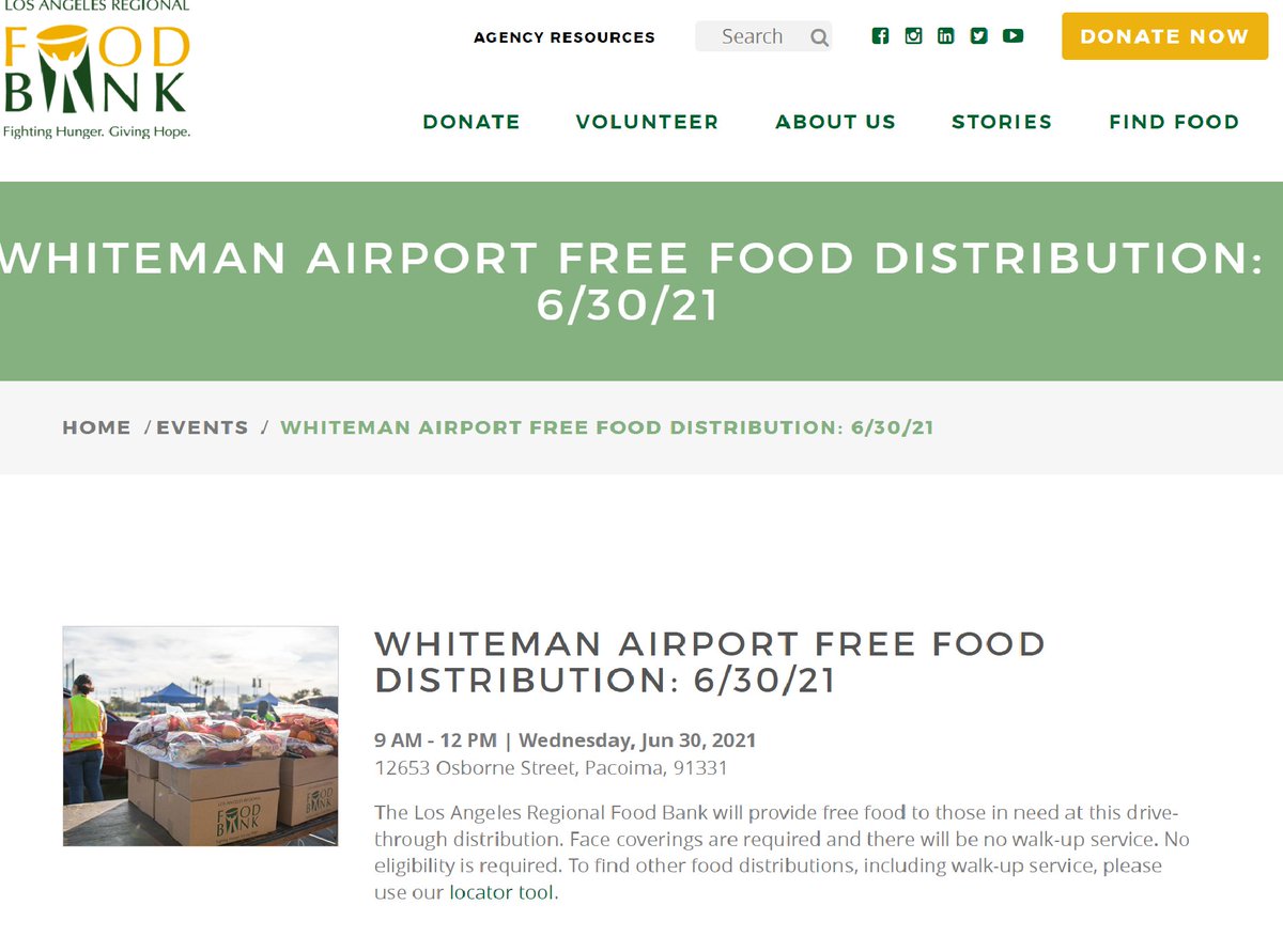Coming next Wednesday, June 30th Drive-Thru Free Food Distribution at Whiteman Airport. From 9 am. - 12 pm.
El proximo miercoles 30 de junio habra distribucion de alimentos gratis en su auto, en el Aeropuerto Whiteman de 9 am. - 12 pm.