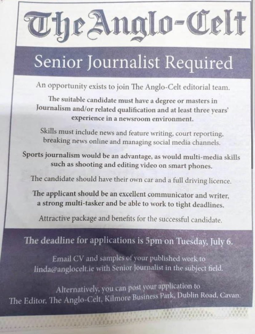 Good opportunity for Cavan-based meeja types! #newjobs #newspapers #journalism