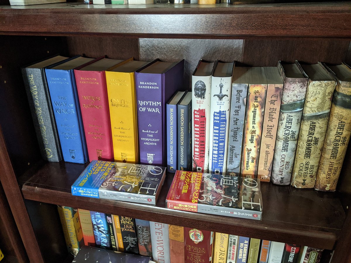 Kietus's tweet photo. @DanielBGreene My favorite shelf. Nothing beats jacketless Stormlight Archive. The vibrant individual colors just pop. Also through in the 2 of 3 japanese covers for Way of Kings I could find overseas. Just need to locate that last one. https://t.co/Q1RCG7UylH