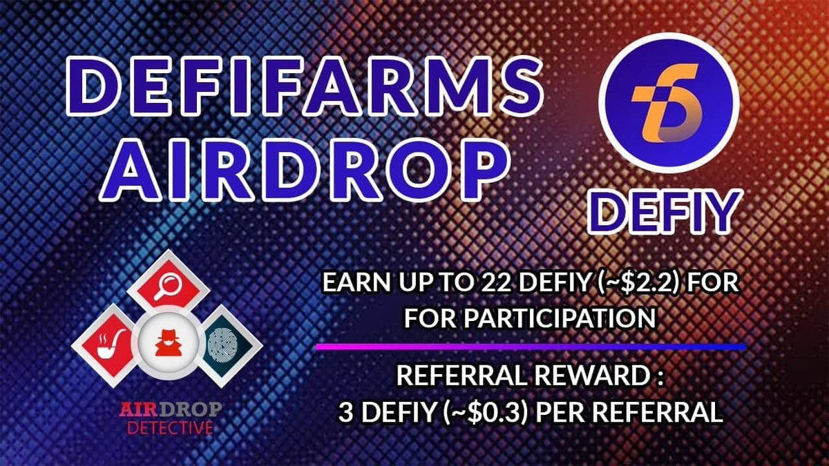 🔍 New #Airdrop: DeFiFarms

💲 Reward: Up to 22 DEFIY [~$2.2]+3 DEFIY [$0.3] per referral

🔴 Start the airdrop bot: t.me/DeFiFarmsAirdr…

🔘 Do the tasks on the bot &amp; submit your data

🔘 Details: youtu.be/sXz4KHSzi5M

#Airdrop #DeFiFarms  #AirdropDetective #Bitcoin #DEFIY