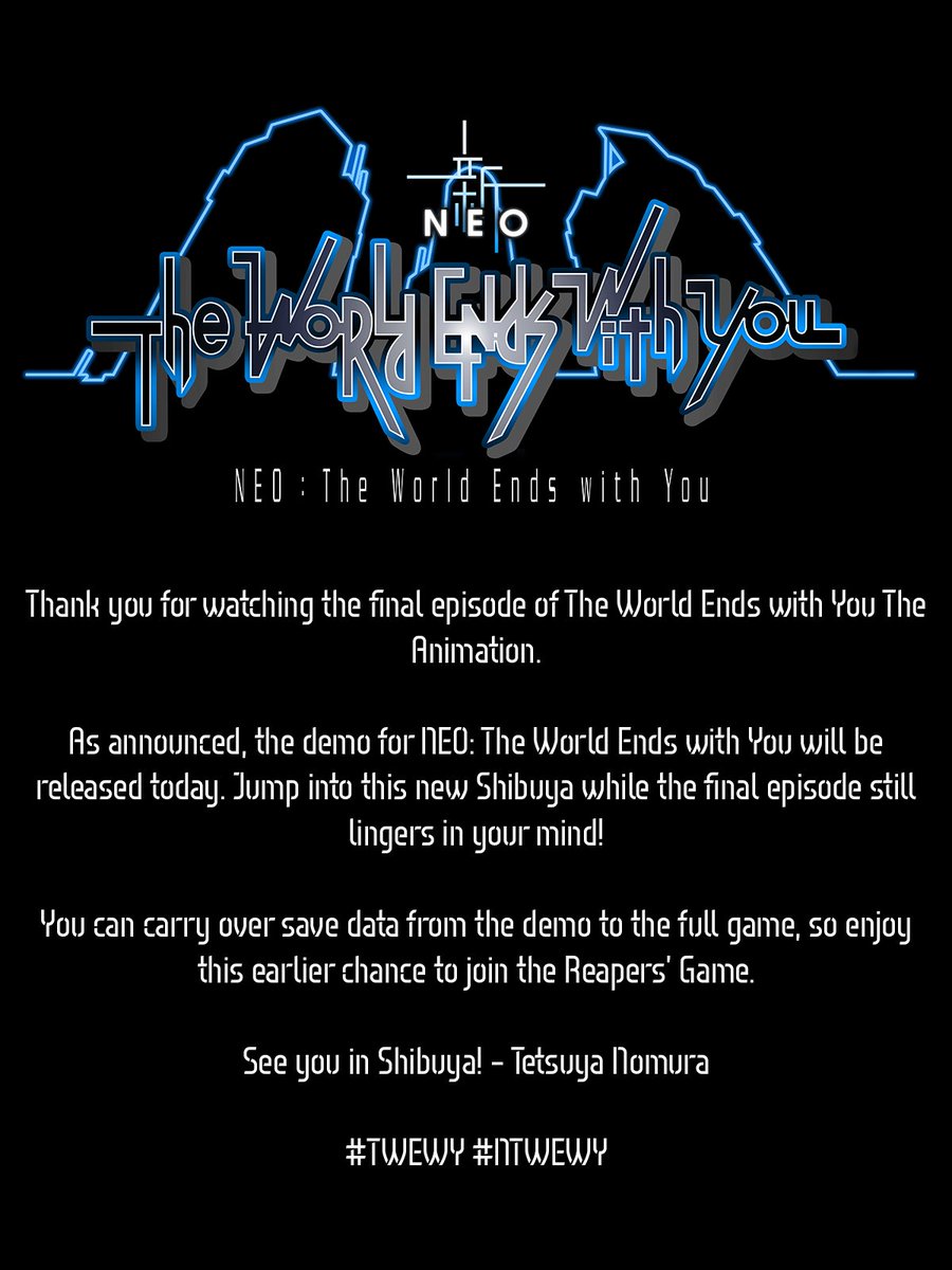 SquareEnix's tweet photo. We have a message for you from creative producer and character art designer Tetsuya Nomura.

The NEO: The World Ends with You DEMO is now available - What are you waiting for? Get downloading!

Nintendo Switch: https://t.co/tPMnYq8gol
PS4: https://t.co/pCv7BuBBYK

#NTWEWY https://t.co/LtScKk04oO