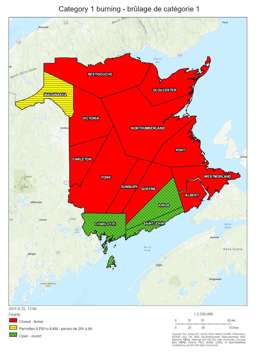 NBForestFires's tweet image. Burning conditions are valid from 2 PM June 25th to 2 PM June 26th.