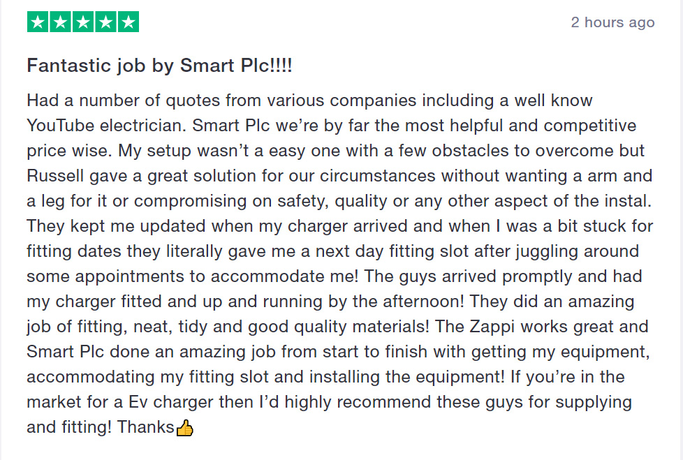 smartplc's tweet image. Following on from yesterdays post of our latest install, our customer left a review on our Trust Pilot page.

I think it&apos;s safe to say we left our client extremely satisfied.

#zappi #review #trustpilot #myenergi #evcharging #satisfied #happy #fivestars