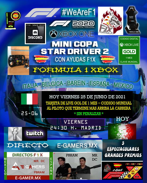XboxFormula's tweet photo. Hoy  tenemos la MINI-COPA STAR DRIVER 2 - F1X
Estaremos en el G. P. de Italia .
Retransmitida por los amigos de https://t.co/hwrWqxnpX9,
por Facebook/Twicht
https://t.co/QQIbaHJ3JD

https://t.co/kIt0wvJeLm

Tarjeta Live Gold 1 mes piloto que acabe mas arriba SIN PENALIZAR https://t.co/wgj5x29OIt