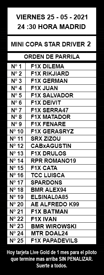 XboxFormula's tweet photo. Hoy  tenemos la MINI-COPA STAR DRIVER 2 - F1X
Estaremos en el G. P. de Italia .
Retransmitida por los amigos de https://t.co/hwrWqxnpX9,
por Facebook/Twicht
https://t.co/QQIbaHJ3JD

https://t.co/kIt0wvJeLm

Tarjeta Live Gold 1 mes piloto que acabe mas arriba SIN PENALIZAR https://t.co/wgj5x29OIt