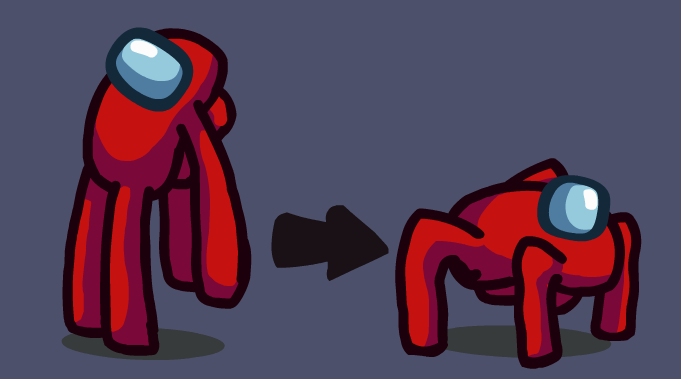 Crewmate with unnaturally long arms and legs. It bends over into a freaky spider position where the crewmate face is the back.