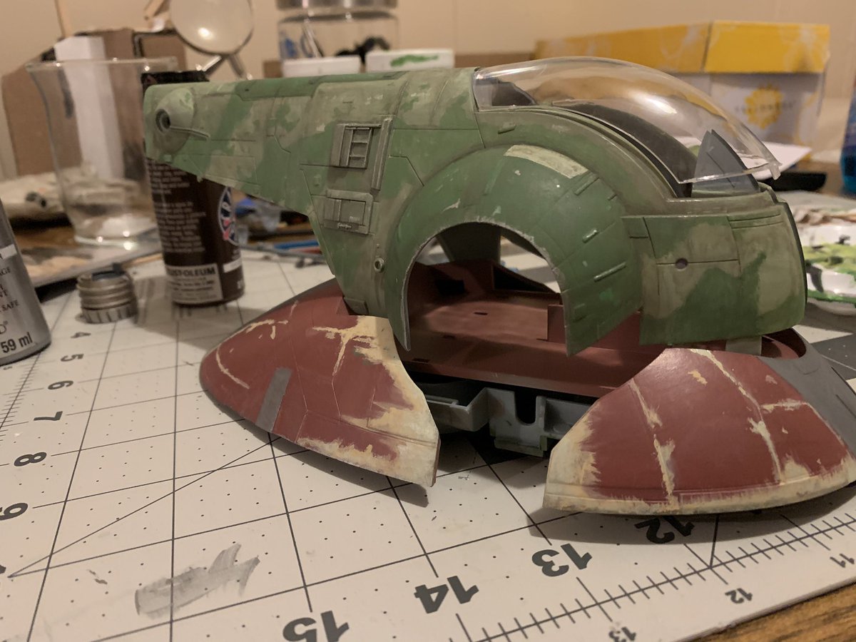 GroupBased's tweet photo. Progress on Slave 1 model - missing some parts so I’ll have to fabricate the interior and the underside of the tail out if cardstock 

#bobafett #slave1 #mandalorian #scalemodel #starwarsmodel #starwars https://t.co/pW98naiNxG