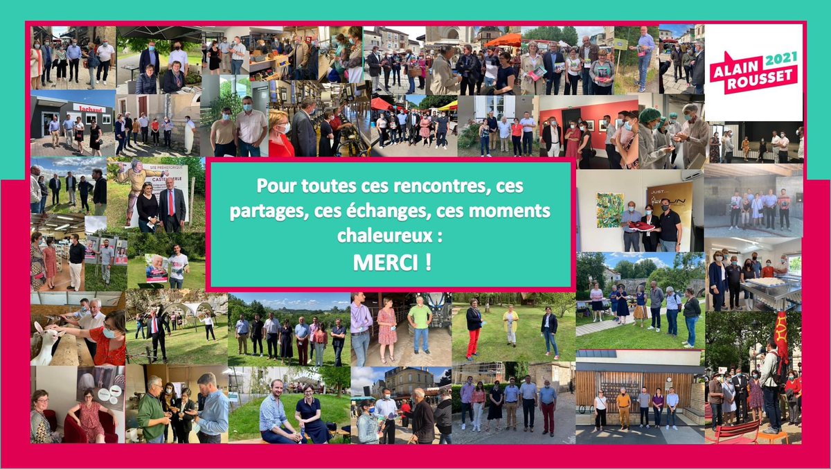 La campagne des élections régionales arrive à son terme. 
Nous remercions celles et ceux qui, ont participé à ce mois de rencontres, d'échanges et de découvertes. Pour une région plus solidaire, plus forte, plus innovante !
Merci!!
Le 27 Juin prochain, on vote Alain Rousset 21 !