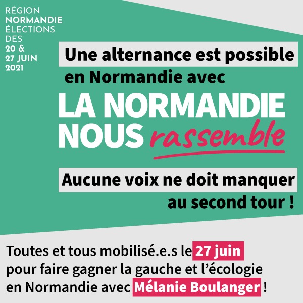 En #Normandie, l'alternance est possible ! 138 646 Normandes et Normands ont fait le choix de notre large rassemblement au 1er tour. Alors ce dimanche, pour une région solidaire et écologique, votons pour la <a href="/NormandieNR/">La Normandie nous rassemble</a> au deuxième tour des #Regionales2021 !