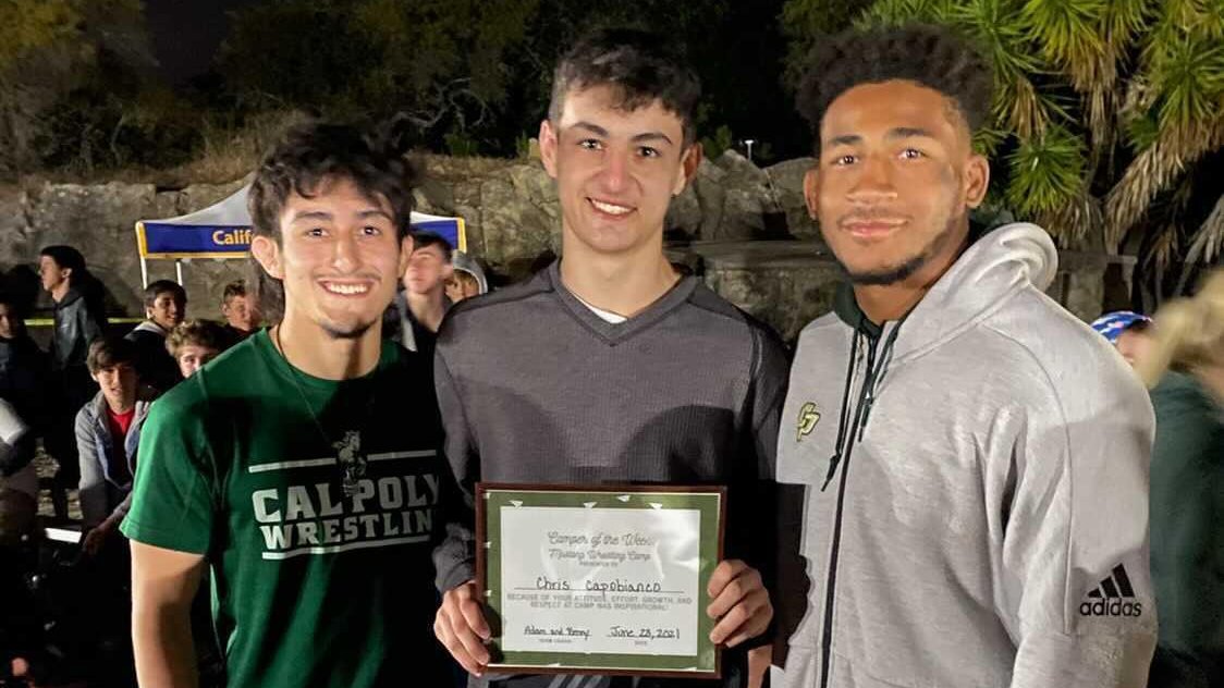 ChrisCapo152's tweet photo. Learned a lot this week training with @CalPolyWrestle. Thank you to my camp coaches @bennym125 @AdamAdamkemp. Excited to have earned “Camper of the Week” award.
@JonSioredas @ChrisChionuma @TheGenghis_Sean https://t.co/m8avplwSrP