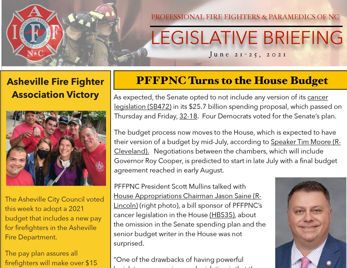 PFFPNC's tweet photo. The PFFPNC newsletter for June 21-25 includes a Senate budget update and work PFFPNC is doing with House budget writers @JasonSaine97th, @JohnBellNC and @DestinHall. PFFPNC also brings news of victory from the Asheville Fire Fighters Association.

READ: https://t.co/u4CvCsFAVG https://t.co/G2knewbaMC