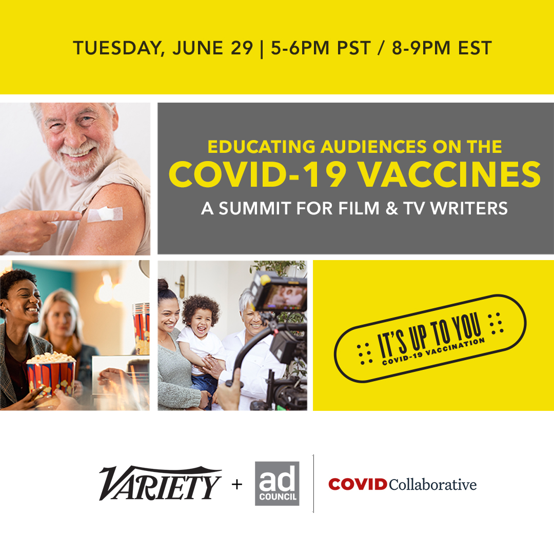 WGAWest's tweet photo. Next Tuesday, June 29 at 5pm PST, join @johnaugust, @drsanjaygupta, @DrTomFrieden and more for "Educating Audiences on the COVID-19 Vaccines: A Summit for Film and TV Writers" from @AdCouncil, @Variety and the #COVIDCollaborative. Register here: https://t.co/hGQJqWnGEX https://t.co/8TdCPZQVZ1