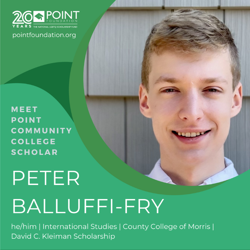 PointFoundation's tweet photo. Congratulations to 2021 #PointCommunityCollege Scholar Peter Balluffi-Fry! Peter is an international studies student at @CCM_edu hoping to one day make a difference on the global stage. 🌎