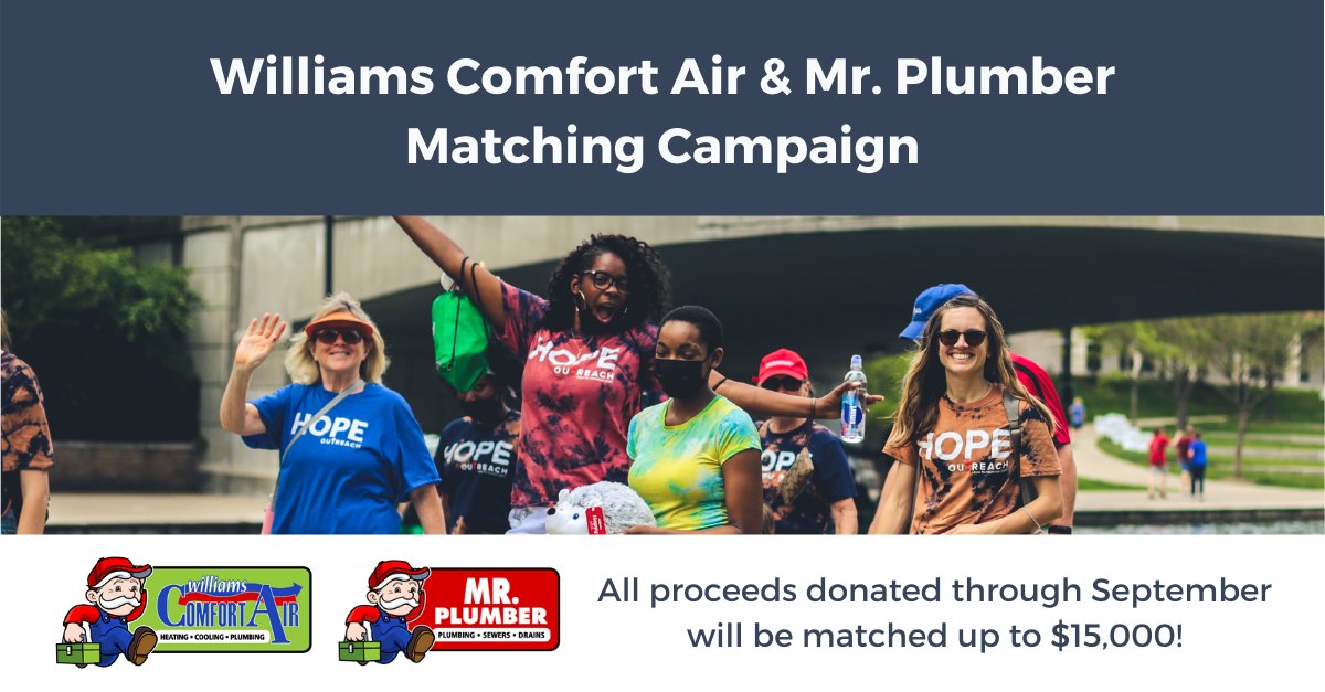 Outreach_Indy's tweet photo. It's not too late to double your donation! Thanks to the generosity of Williams Comfort Air &amp; Mr. Plumber, they are matching up to $15,000 in donations through the month of September!

Learn more and donate today on our website! https://t.co/Dc0WZCN2hJ https://t.co/uY95p9nUgt