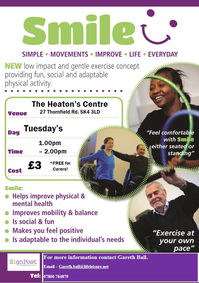 Join Life Leisure's low impact, gentle exercise classes called
SMILE (Simple Movements Improve Life Everyday) at 
The Heatons Centre Tuesdays 1-2pm
£3 per session, but free for carers.
For more info email; Gareth.ball@lifleisure.net or tel; 07800 764879
#Stockport 
#Community