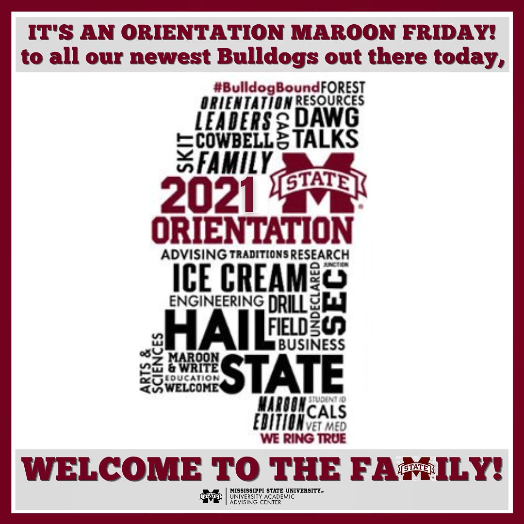 uaacmsu's tweet photo. Happy Maroon Friday to all our Dawgs! Especially those visiting campus today for your orientation! Welcome to the MS State faMily from all of us at the UAAC! Looking forward to fall, y’all! 🐾 https://t.co/Q6MGk5oPxR