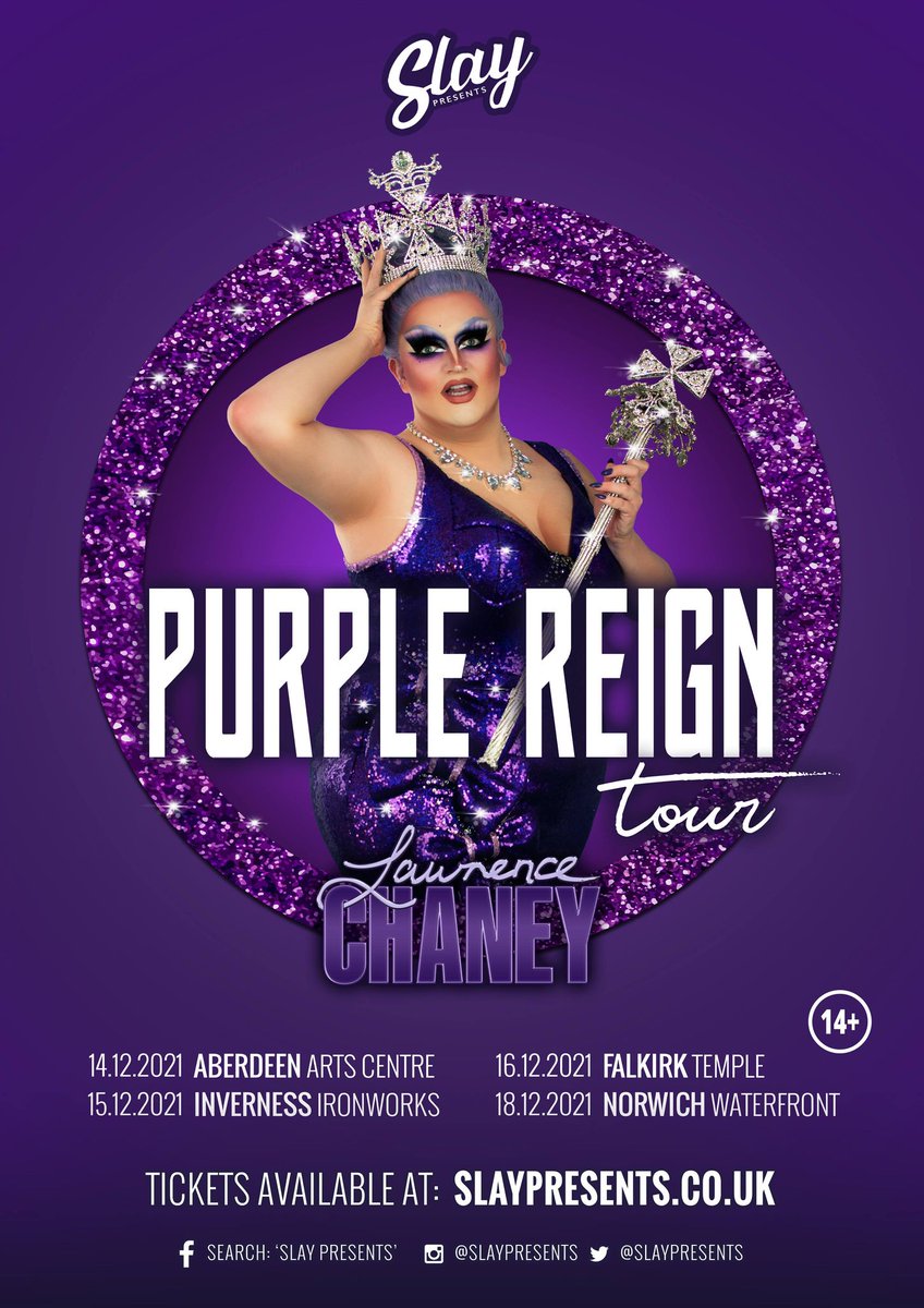 BING BANG BONG! ✨ 💜 The winner of RuPaul's Drag Race UK S2 &amp; Scottish drag royalty Lawrence Chaney is hitting the road for her first ever one woman show 'Purple Reign' this December.

Grab your tickets now - slaypresents.co.uk