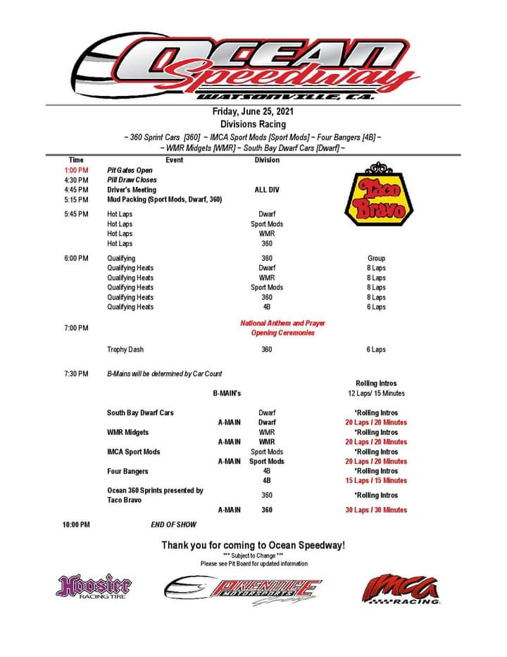 Ocean Speedway on Twitter: "Race day. Here is tonight's event schedule
