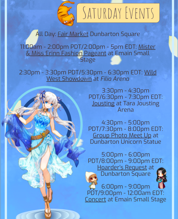 MabiErinnFair's tweet photo. Nao Community Fair 2021 is starting in 5 minutes on channel 10 at the Dunbarton Unicorn Statue! Check out our final updated schedule below. Hope to see you there!! #mabinogi https://t.co/gD5FwrlwIM